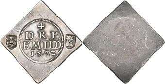 Netherlands, Siege of Middelburg (1572-4), half thaler klippe of 18 stuivers, 1572, DRP / F. M IDD / 1572 with arms of...