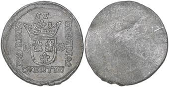 France, St. Quentin besieged by the League, 1588, uniface lead token, ST above and QUENTIN below the royal French arms,...
