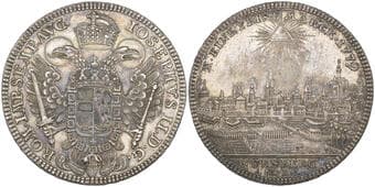 Germany, Nuremberg, Conventionsthaler, 1779 KR, City view, rev., titles of Joseph II, crowned shield and Fleece collar...