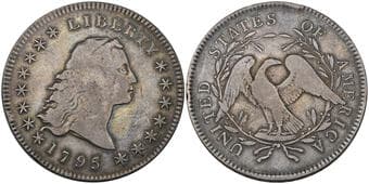 U.S.A., 'Flowing Hair' dollar, 1795, rev., two leaves beneath each of the eagle's wings, 26.58g, with a couple of edge...