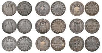 Greece, Otho (1832-62), 10 lepta (9), 1837, 1838, 1843, 1844, 1845, 1849, 1850, 1851, 1857 (Divo 18c, 18d, 18e, 19a,...