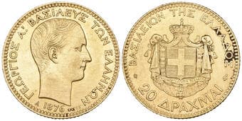 g Greece, George I (1863-1913), gold 20 drachmai, 1876, Paris mint, (Divo 46; KM 49; Karamitsos 163), in NGC holder...