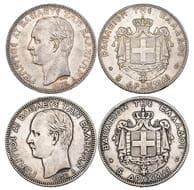 Greece, George I (1863-1913), 5 drachmai (2), 1875, 1876 (Divo 50a, 50b; KM 46(2); Karamitsos 159, 160), both good very...
