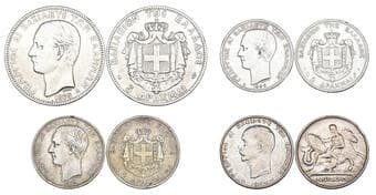 Greece, George I (1863-1913), 5 drachmai, 1875 (Divo 50a; KM 46; Karamitsos 159); 2 drachmai (3), 1873, 1883, 1911...