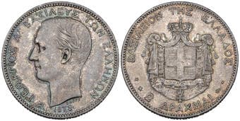 Greece, George I (1863-1913), 2 drachmai, 1873, Paris mint, first type (Divo 51b; KM 39; Karamitsos 156), in NGC holder...