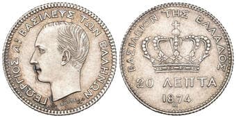 Greece, George I (1863-1913), 20 lepta, 1874, Paris mint, first type (Divo 56a; KM 44; Karamitsos 140), in NGC holder...