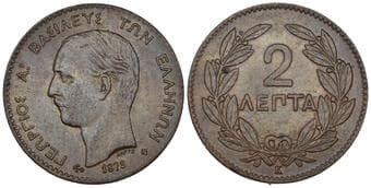 Greece, George I (1863-1913), 2 lepta, 1878, Bordeaux mint, second type, (Divo 68; KM 53; Karamitsos 123), in NGC...