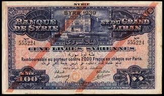 Syria, Banque de Syrie et du Liban, 100 livres, 1939, s/n 555,224, purple and multicoloured, double orange slash...