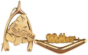 Map of Tasmania on Wishbone & Mother on Boomerang, C.1950S, VF 9ct gold badge (2) one in the form of a map of...