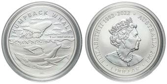 Elizabeth II, RAM - Australian Antarctic Territory, Humpback Whale, One Dollar, 2023, UNC 1oz silver, brilliant...