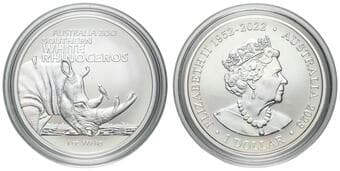 Elizabeth II, RAM - Australian Zoo Series, Southern White Rhinoceros, One Dollar, 2023, UNC 1oz silver, brilliant...