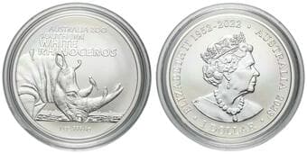 Elizabeth II, RAM - Australian Zoo Series, Southern White Rhinoceros, One Dollar, 2023, UNC 1oz silver, brilliant...