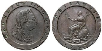 Great Britain, George III, Cartwheel, Penny, 1797, gVF Evenly toned dark brown, usual rim knocks & plenty of...