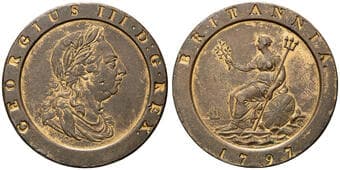 Great Britain, George III, Cartwheel, Two Pence, 1797, VF Two pence cartwheel, strikingly toned brown with legends &...