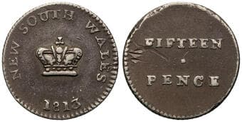 New South Wales, Fifteen Pence (Dump), 1813, gVF (Mira dies A/1). Trace of centre of the reverse of host coin on the...