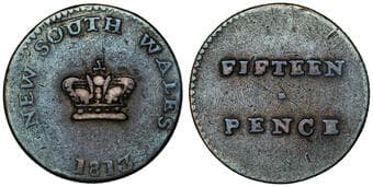 New South Wales, Fifteen Pence (Dump), 1813, VF (Mira dies A/1). Traces of the reverse of host coin on obverse,...