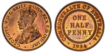 George V, Halfpenny, 1934, PCGS PR64RB Cert number: 46903340, one of only three graded PR64RB. Estimate: 6000 - 7000...