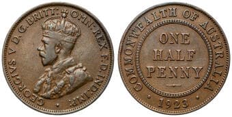 George V, Halfpenny, 1923, Fine Key date, brown patina with some underlying lustre, showing six pearls & relatively...