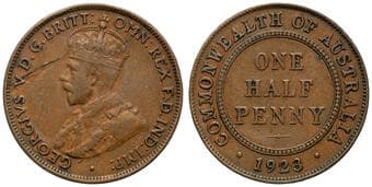 George V, Halfpenny, 1923, gF Key Date showing six pearls and partial diamond, brown patina with toning around...