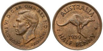 George VI, Halfpenny, 1939, UNC Brown uncirculated. Estimate: 150 - 300 AUD