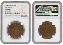 George V, Penny, 1924, NGC MS64BN Trace mint lustre. NGC Cert Number: 6337456-010. Estimate: 400 - 600 AUD