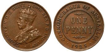 George V, Penny, 1925, aEF Softer eight pearls, brown patina with rubbed highpoints, showing some rim knocks, about...