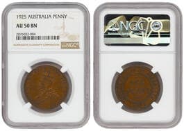 George V, Penny, 1925, NGC AU50BN Key date, low mintage issue. NGC Cert Number: 2076032-004. Estimate: 550 - 850 AUD