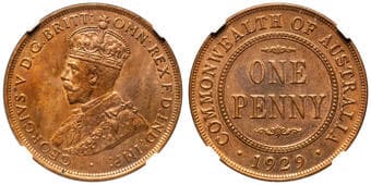 George V, Penny, 1929, NGC UNC Details 'Cleaned', red uncirculated. Estimate: 400 - 800 AUD