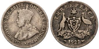George V, Threepence, 1922/1, Good Scarce 2 over 1 date variety, well circulated with pleasing detail highlighted...