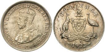 George V, Sixpence, 1922, CHU Lightly toned choice uncirculated, slightly dished reverse common for this date. ...