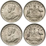 George V, Sixpence, 1928, gEF (2) both lightly toned with underlying lustre, good extremely fine or slightly better. ...