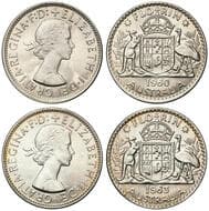 Elizabeth II, Florin, 1960 - 1963, CHU 1960 ex mint roll, & 1963, both choice uncirculated. Estimate: 80 - 120 AUD