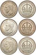 George VI, Crown, 1937, EF - gEF 1937 crown (3), all showing slightly uneven warm grey/golden tones, extremely fine...