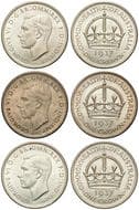 George VI, Crown, 1937, EF - aUNC 1937 crown (3), all lightly toned, one a little darker, extremely fine to about...