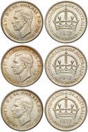 George VI, Crown, 1937, EF - UNC 1937 crown (3), all with golden tones and toned obverse legends, extremely fine to...