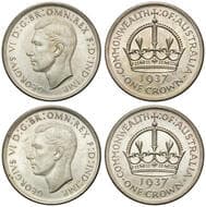 George VI, Crown, 1937, UNC 1937 crown (2), both lightly toned, one with more contact nicks to bust. Estimate: 180 -...