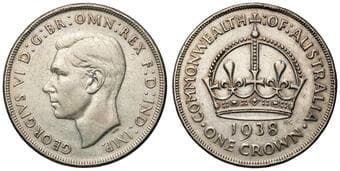 George VI, Crown, 1938, F Rubbed highpoints with numerous contact marks, toned legends. Estimate: 100 - 120 AUD