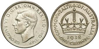 George VI, Crown, 1938, gVF Rubbed high points with numerous contact marks, good very fine. Estimate: 80 - 100 AUD