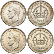 George VI, Crown, 1938, aEF (2), both cleaned, about extremely fine. Estimate: 150 - 200 AUD
