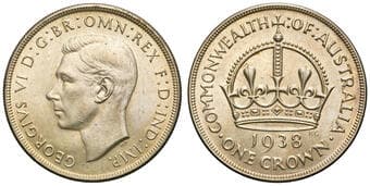 George VI, Crown, 1938, EF Warmly toned with some underlying lustre, extremely fine. Estimate: 80 - 100 AUD