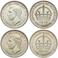 George VI, Crown, 1938, EF - aUNC (2), both lightly toned, extremely fine & about uncirculated. Estimate: 150 - 200...