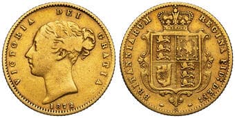 Victoria, Half Sovereign, 1872-S, VG Well rubbed with some remaining detail, very good or slightly better. Estimate:...