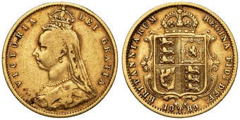 Victoria, Half Sovereign, 1889-S, F Toned around legends & devices with rubbed remaining detail. Estimate: 700 - 800...