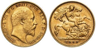 Edward VII, Half Sovereign, 1909-M, F Toned with rubbed highpoints, some rim knocks and carbon deposits, fine. ...