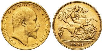 Edward VII, Half Sovereign, 1909-P, gF Scarcer type, lightly toned and relatively clean, obverse showing some contact...