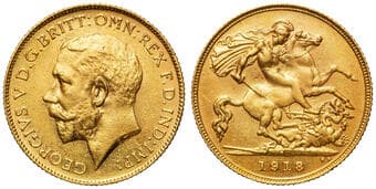 George V, Half Sovereign, 1918-P, EF Key date. Once cleaned, extremely fine. Estimate: 2000 - 4500 AUD