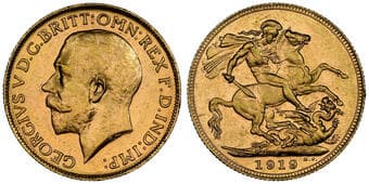 George V, Sovereign, 1919-P, NGC MS64+ Cert number: 6330680-020, attractively golden toned with some rim dings and...