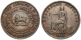 A.10a - Andrew John & Co, Melbourne, VIC, Halfpenny, 1860, aF Copper halfpenny, size 28mm, 8.61g, by Heatons /...