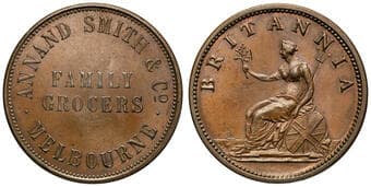 A.15a - Annand Smith, Melbourne, VIC, Penny, 1851, UNC Copper penny, size 34mm, 15.61g, by Heaton & Sons, sharply...