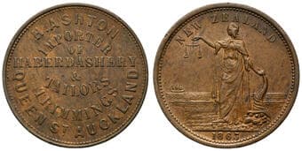 A.19b - Ashton, H. (haberdasher and tailors' trimmings), Auckland, New Zealand, Penny, 1863, aEF Copper penny, about...